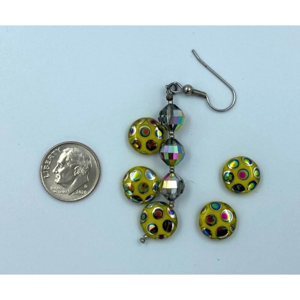 Unique Yellow Polka Dot & Crystal Dangle Earring With Extra Matching Beads For C